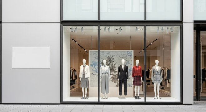 Chic urban shop exterior showcasing a broad glass pane for displays and a smooth neutral wall section designed for custom signage placement, sidewalk, facade, display