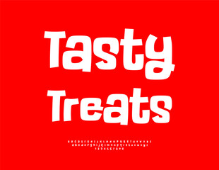Obraz premium Vector Playful Promotion Tasty Treats for Cafe and Restaurant. Typography Modern White Font. Funny Alphabet Letters and Numbers set.