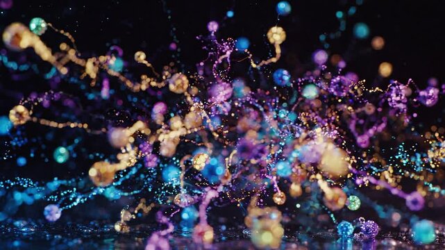 Multi colored liquid sphere explosion on black background. Fluid motion physics experiment with glowing paint droplets. Abstract science chemistry reaction effect.