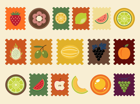Collection of Retro Fruit Postage Stamps and Flat Vector Icons