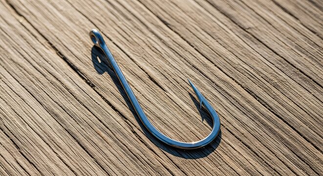 High-angle close-up shot of a sharp metallic fishing hook with a pointed barb resting on a rustic wooden surface for outdoor sport angling, angling, background, bend