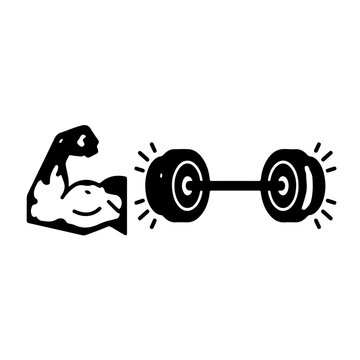 Strong arm bicep muscle flexing and heavy barbell weightlifting vector icon set isolated on white background for gym fitness bodybuilding and workout power
