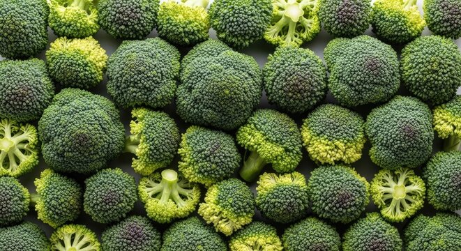 A dense arrangement of fresh broccoli florets covers a dark gray surface. The broccoli heads display a vibrant green color with lighter green accents at the base.