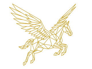 Fototapeta premium Golden Geometric Pegasus Winged Horse Low Poly Line Art Illustration on White Background