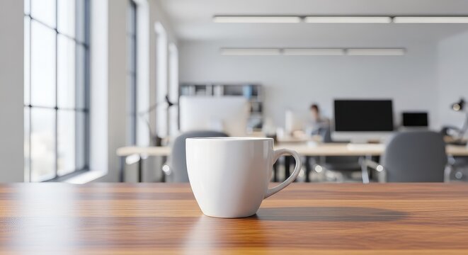Minimalist white coffee cup on a natural wood table within a bright modern office, featuring a soft focus background of professional activity, timber, light, corporate