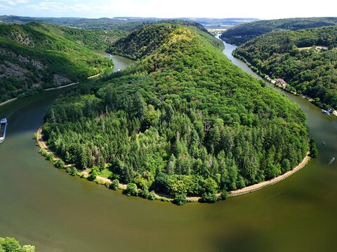 Cargo Ship Navigating the Saar Loop (Saarschleife) in Saarland, Germany