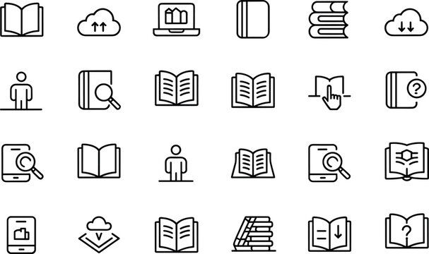 Set of line icons for digital library and online reading including books ebook reader and study resources vector illustration