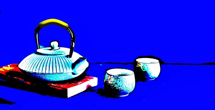 Vibrant pop art Japanese tetsubin teapot with tea cups on blue background, colorful tea ceremony illustration, traditional Asian drink set