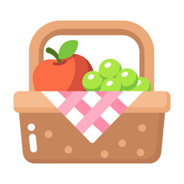 Colorful flat icon of a picnic basket filled with fresh food.