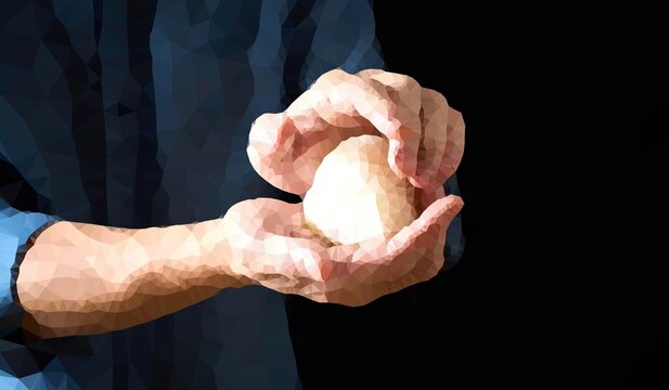 Closeup baker hands kneading dough ball in low poly geometric mosaic style, bread making process, artisan bakery concept on dark background