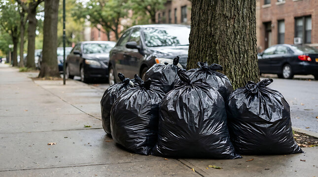 Black Garbage Bags Lined Along Urban Street for Municipal Waste Collection and City Sanitation Management