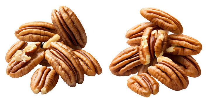 Two piles of shelled pecan nut halves isolated on a transparent background