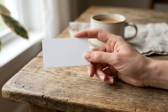 Female hand holding a blank card for mockup design on wooden table, close up of blank card for business payment or identity, high quality blank card template for branding.