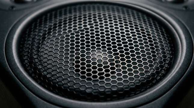 A close-up shot of a black speaker grille with a hexagonal pattern. The grille is positioned against a dark background, emphasizing its circular shape and intricate design.