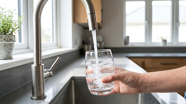 Hand Filling Glass with Fresh Clean Tap Water from Modern Kitchen Faucet for Safe Drinking and Daily Hydration