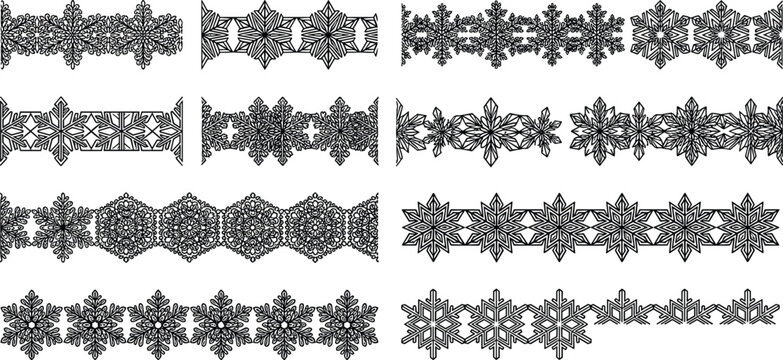 Decorative Snowflake Border Ornament Collection with Geometric Winter Pattern Vector Set