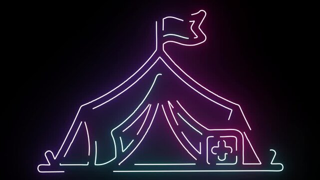 Neon Line Art Animation of Camping Tent with Medical Cross Icon Glowing Against Dark Background for Emergency Relief Services or Outdoor First Aid