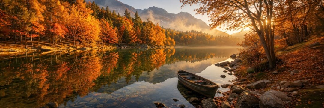 Autumn mountain lake with wooden boat, nature, travel, copy space for text