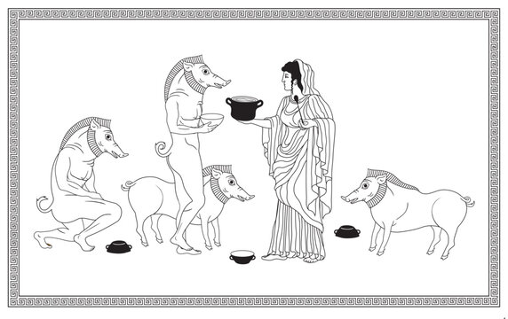 Vector illustration of Circe turning Odysseus's men into pigs