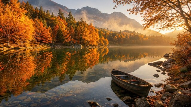 Autumn mountain lake with wooden boat, nature, travel, tranquility