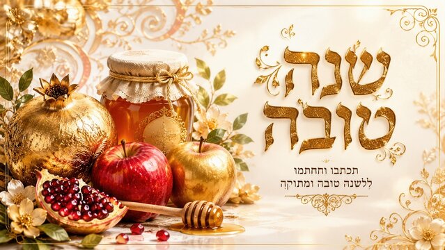 Luxurious Rosh Hashanah greeting card with golden pomegranate honey apples and elegant Hebrew text