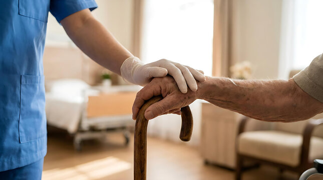 Compassionate Caregiver Holding Elderly Patient Hand with Walking Cane in Nursing Home Healthcare Support Concept