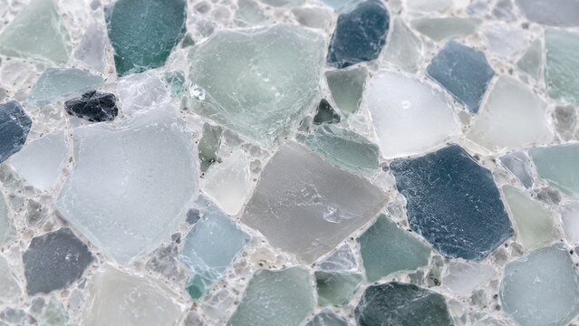 Macro blue green recycled glass terrazzo surface