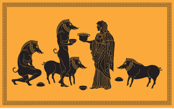 Vector illustration of Circe turning Odysseus's men into pigs