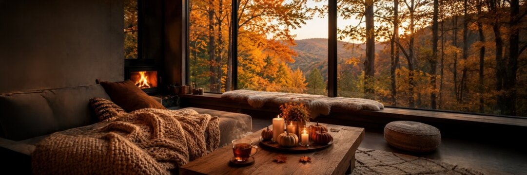 Cozy living room overlooking autumn forest, comfort, interior, relaxation