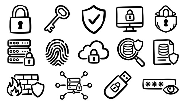 Set of cybersecurity and data protection doodle icons