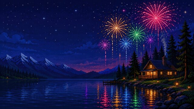 Pixel art fireworks over a mountain lake