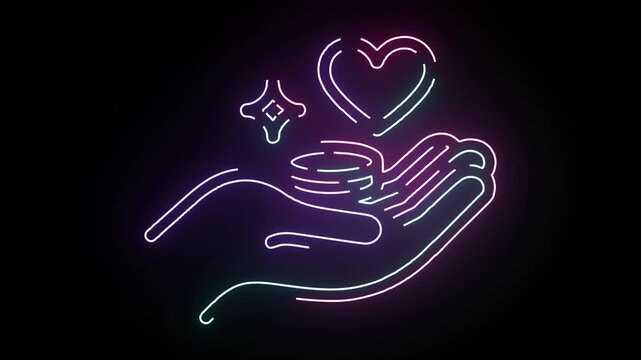 Vibrant Neon Line Art Animation Featuring A Glowing Human Hand Holding Stacked Gold Coins With A Shimmering Heart Shape And Sparkling Star Symbols