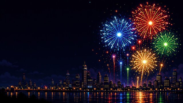 Pixel art fireworks over a city skyline
