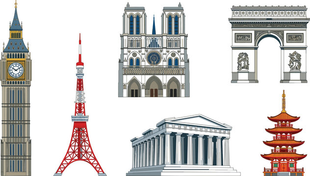 Famous Global Landmark and Historic Monument Vector Icon Set Featuring Tower, Cathedral, Temple, and Architecture Symbols for World Travel Infographic Designs