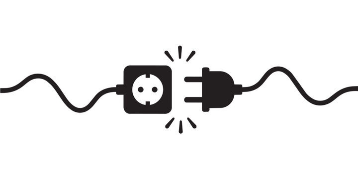 Black line icon showing an electrical plug disconnected from its socket with a wavy cord and spark burst symbol, representing power outage, disconnection, or unplugged status. Vector illustration idea