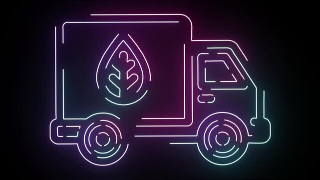 Neon Line Art Truck Icon Featuring A Glowing Leaf Inside A Water Drop Symbol Moving On A Black Background Representing Sustainable Cargo Delivery Serv