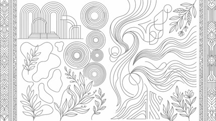 Abstract Line Art Elements: Rainbow Arches, Botanical Sprigs, Wavy Lines, Geometric Patterns © Afifah