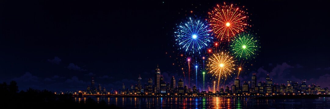 Pixel art fireworks over city skyline, copy space for text