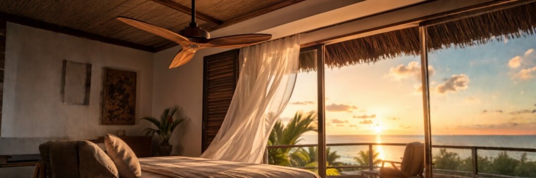Tropical bedroom overlooking ocean at sunset