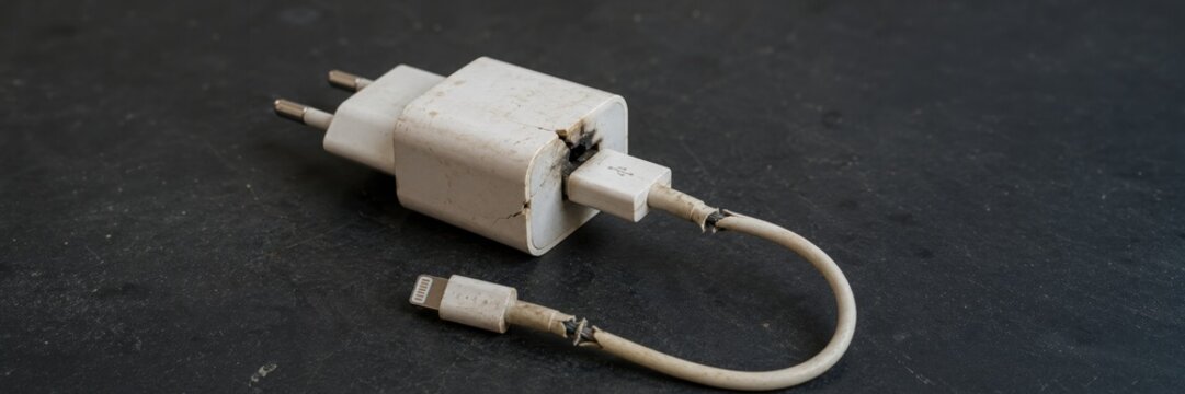 Damaged phone charger and cable, copy space for text