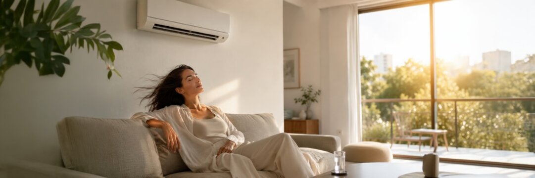 Woman relaxing under air conditioner at home
