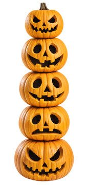 Stacked carved pumpkins with spooky jack o lantern faces displayed vertically transparent background