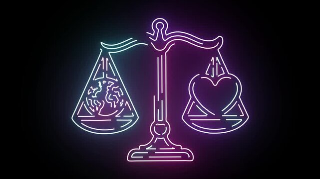 Neon glowing scales of justice balancing the earth globe and a heart shape in a vibrant purple and blue outline design on a solid dark background