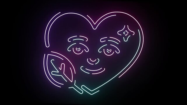 Neon heart face animation with glowing blue and pink light outlines featuring a cute animated plant leaf character blinking on a dark black background