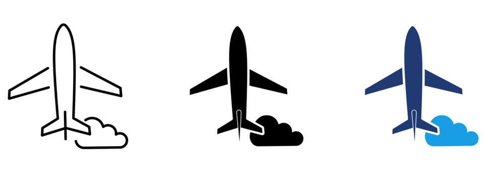 Airplane flying above cloud icon set in line, solid glyph, and blue duotone styles. Symbol of high flight, air travel, aviation, sky journey, vacation trip, and flight route.