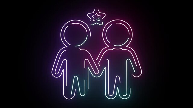 Neon Light Stick Figure Couple Holding Hands Together With A Glowing Star Icon Above In A Minimalist Stylized Outline Animation On Black Background