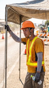 熱中症予防：夏の道路工事現場の脇で、義務付けられた日よけテントの下で休憩する日本の道路維持作業員