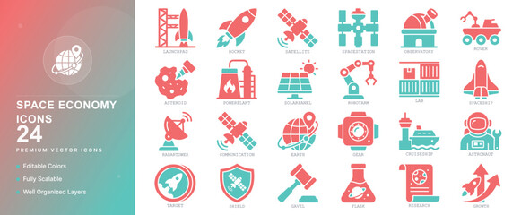 space economy rocket satellite astronaut cosmos exploration business galaxy planet universe icon set vector flat illustration technology web graphic © MdMatiur