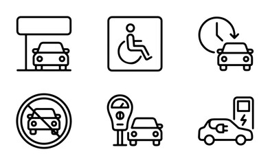Fototapeta premium Car Icons Set: Parking, Electric Charging, Disabled Access, No Parking, Time Limit