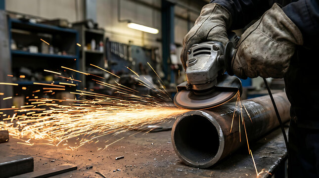 Close Up of Industrial Worker Using Angle Grinder to Cut Steel Pipe with Bright Sparks in Metal Fabrication Workshop